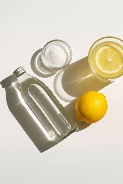 Glasflaska med vatten, citron, citronskiva och en skål salt