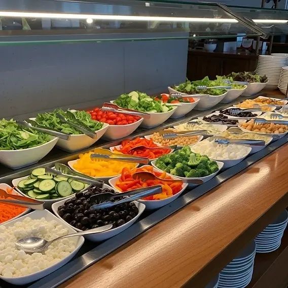 Buffé med sallad, grönsaker, oliver, ost och andra tillbehör